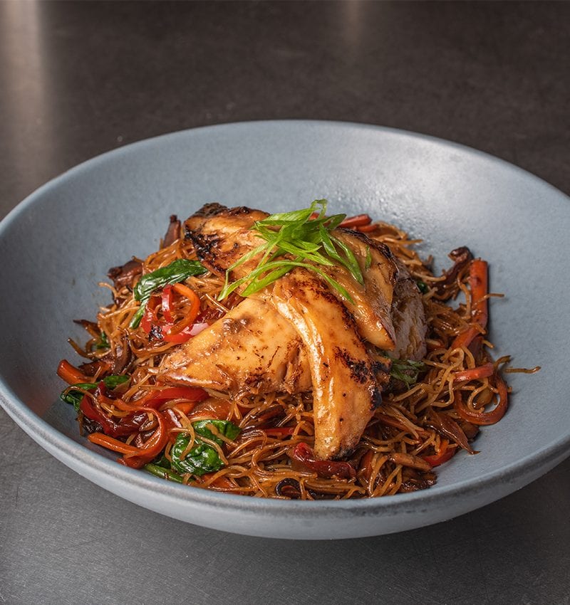 Black Garlic and Miso Pollock with Stir-Fried Glass Noodles